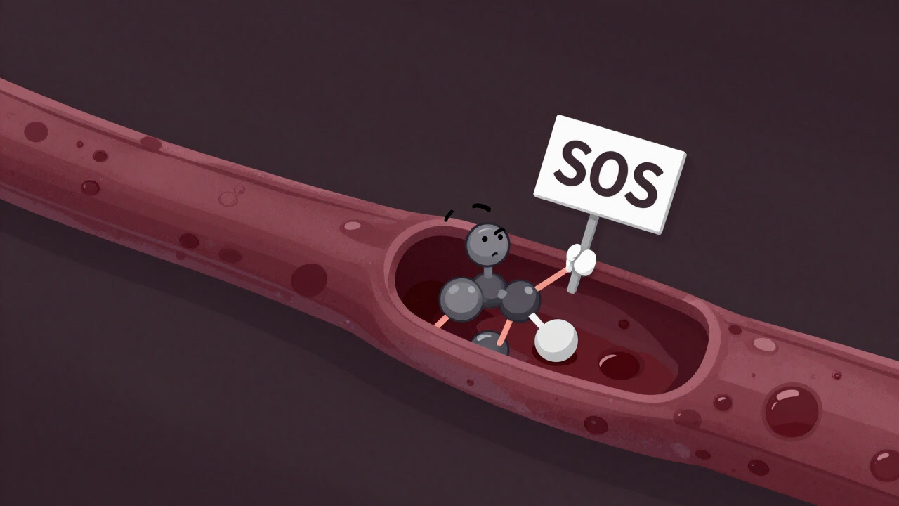 An illustration of a weary sugar molecule roaming within blood vessels, sending an SOS.