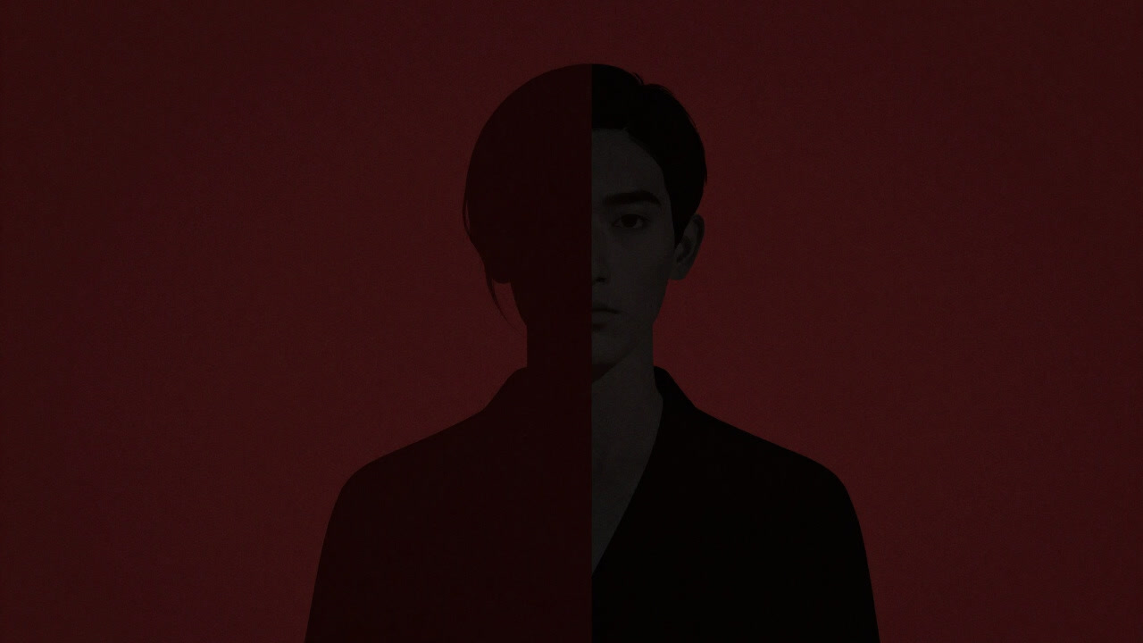 Silhouette of a figure merging human and divine halves in light and shadow