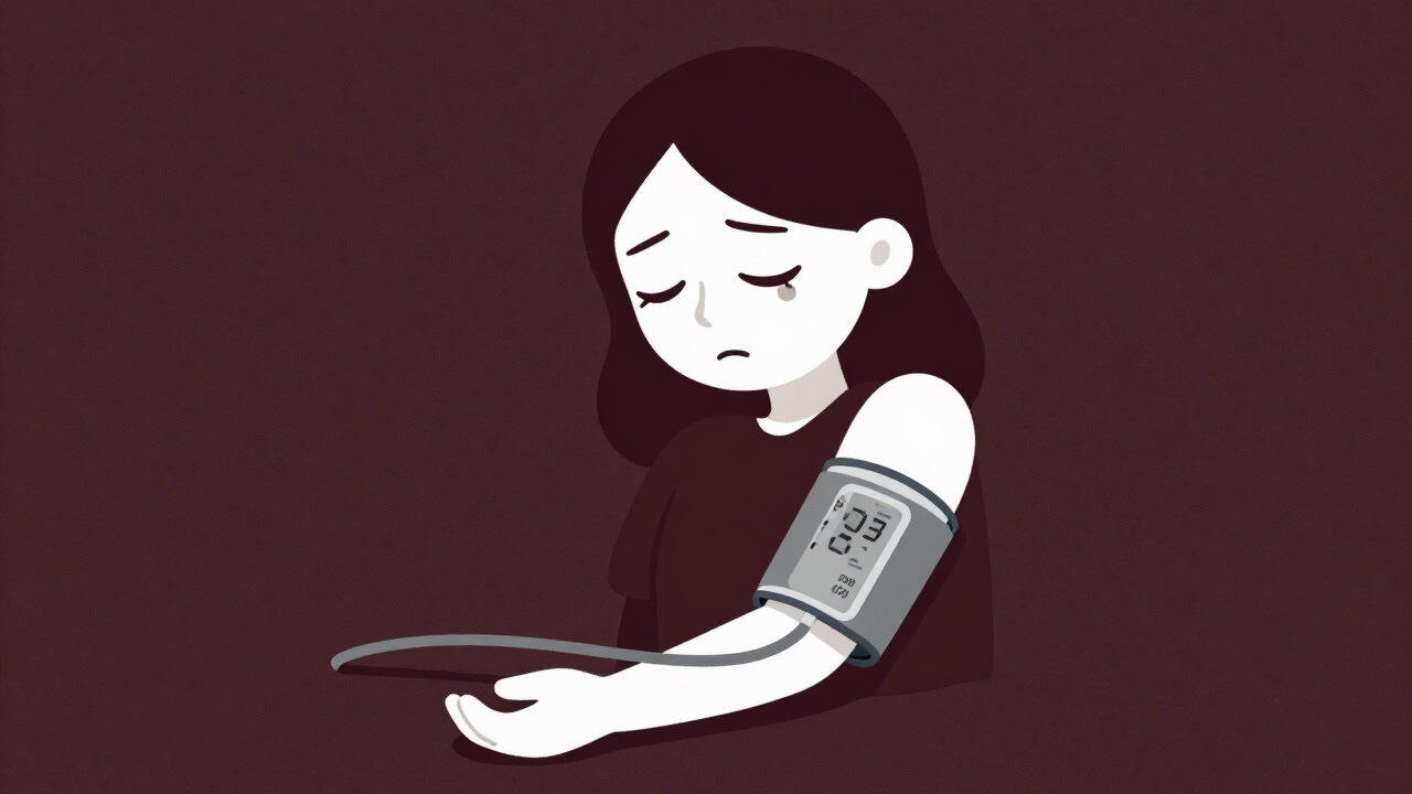 Humorous illustration of a person with heavy eyelids about to be measured by a blood pressure cuff