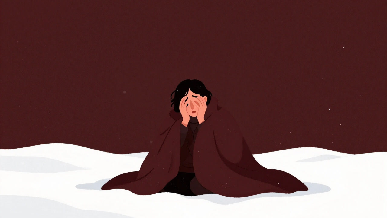 雪の中で震えながら薄い毛布にくるまる人間のイラスト