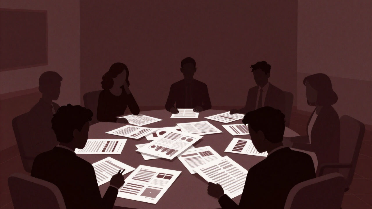 会議室のテーブルに積まれたグラフ資料と、傍らで呆然とする参加者のシルエット