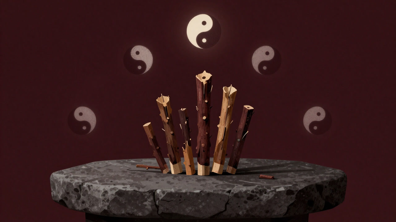 Image of ancient yarrow stalks and yin-yang symbols writhing in a dark room