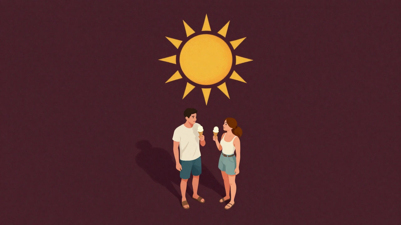 アイスクリームコーンを手に、照りつける太陽の下で微笑み合うカップルを上から捉えた写真