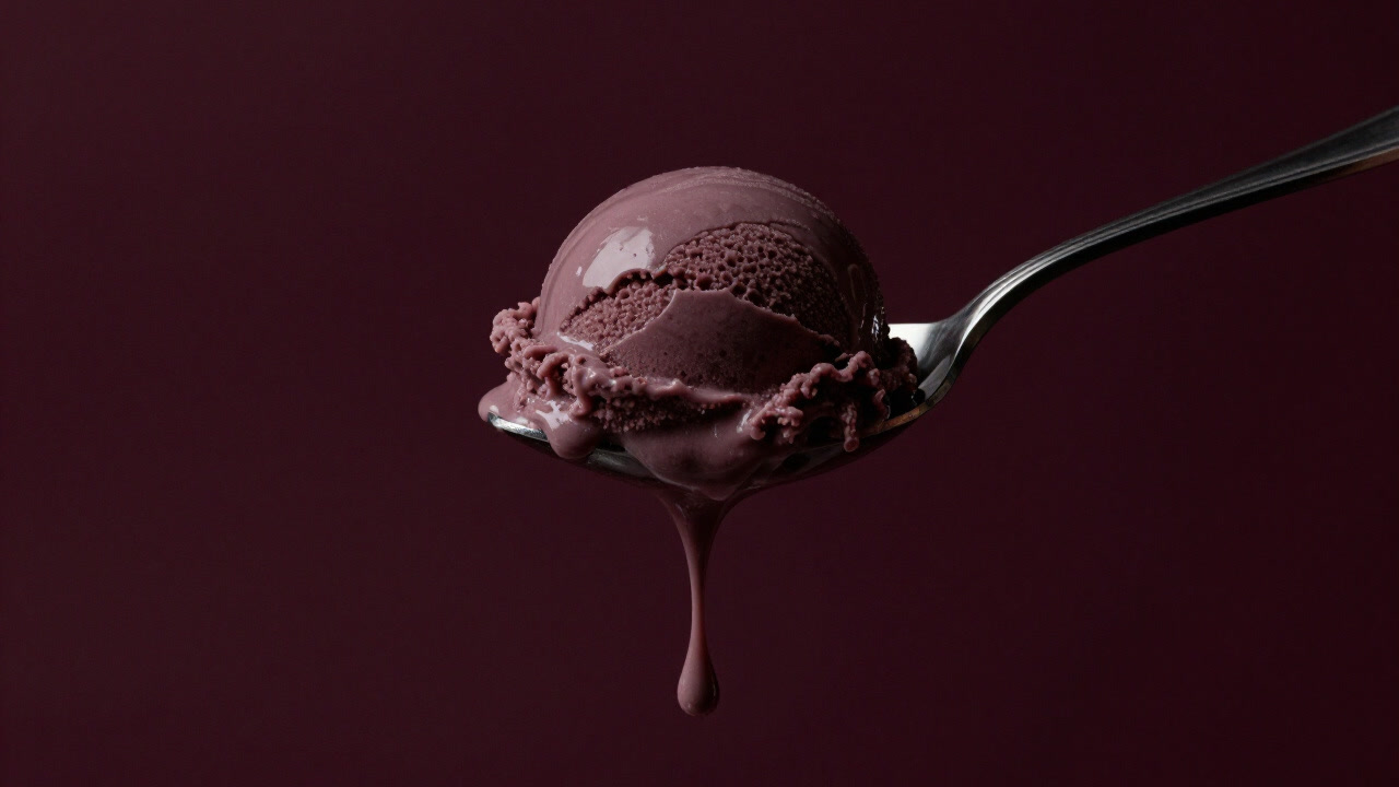 溶け始めたアイスクリームが滴るスプーンをアップに撮影した写真