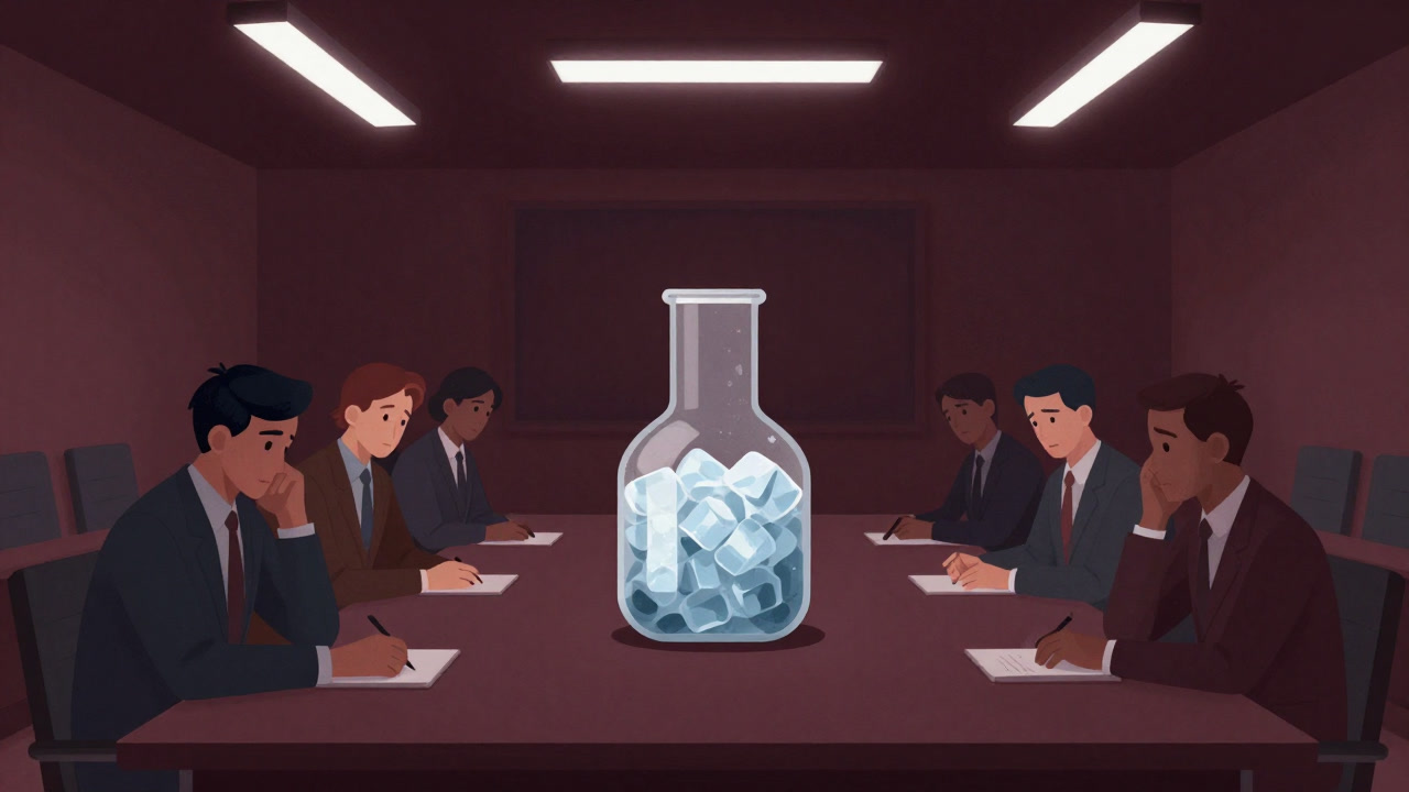 A beaker of ice placed at the center of a meeting table, with tense participants staring at it.