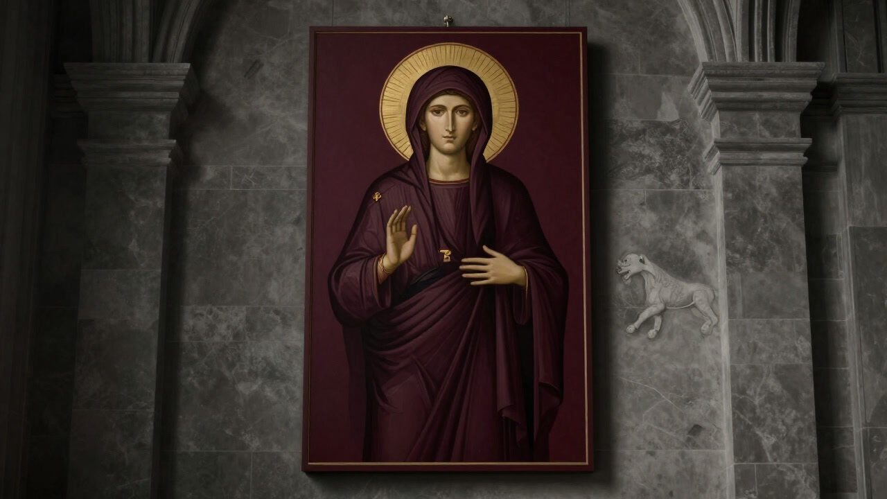 An icon mounted on a majestic church wall, secretly smiling at the camera.