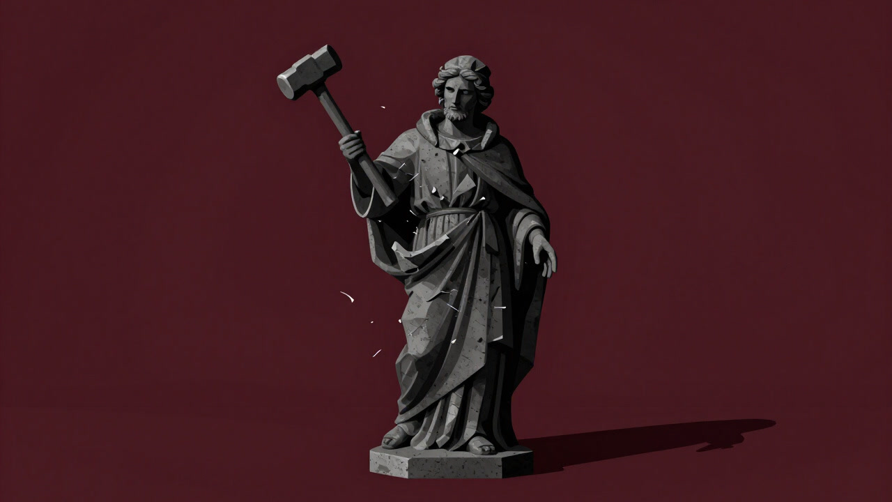 Illustration of a stone statue being shattered by a hammer, fragments flying