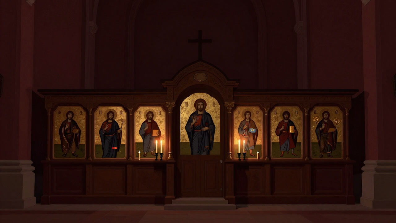 イコンに囲まれた木製の屏風が、薄暗い教会内部で神秘的に浮かぶ画像
