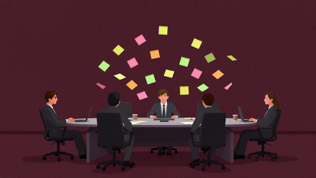 Illustration of colorful sticky notes flying in the air around a conference table while confused people look on