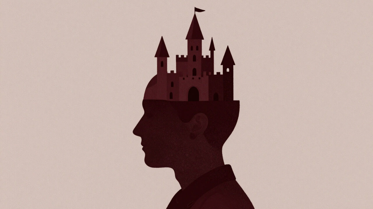 頭の中に城を築き、現実を見失った人物のシルエット