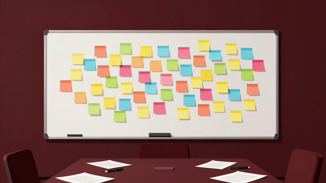 ホワイトボードに貼られた色とりどりの付箋が無秩序に舞う会議室の写真