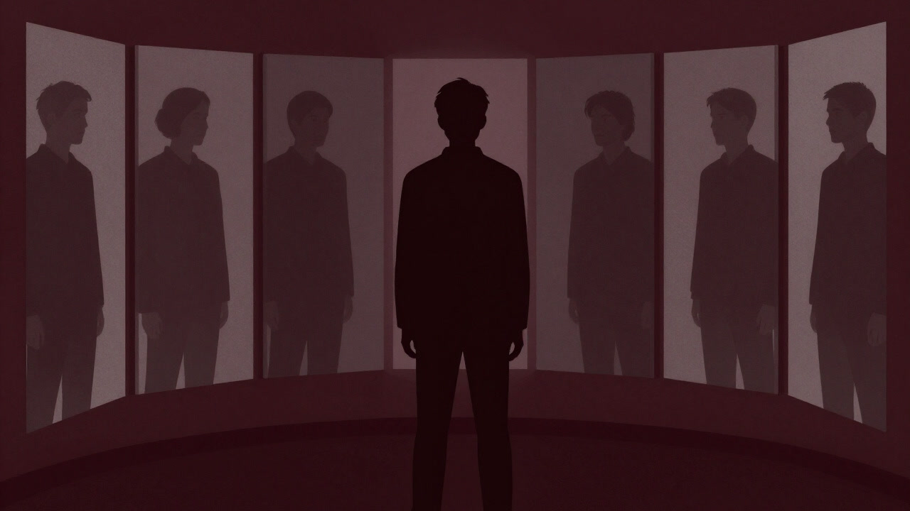 鏡の前で自分探しに悩む人影のシルエットのイラスト