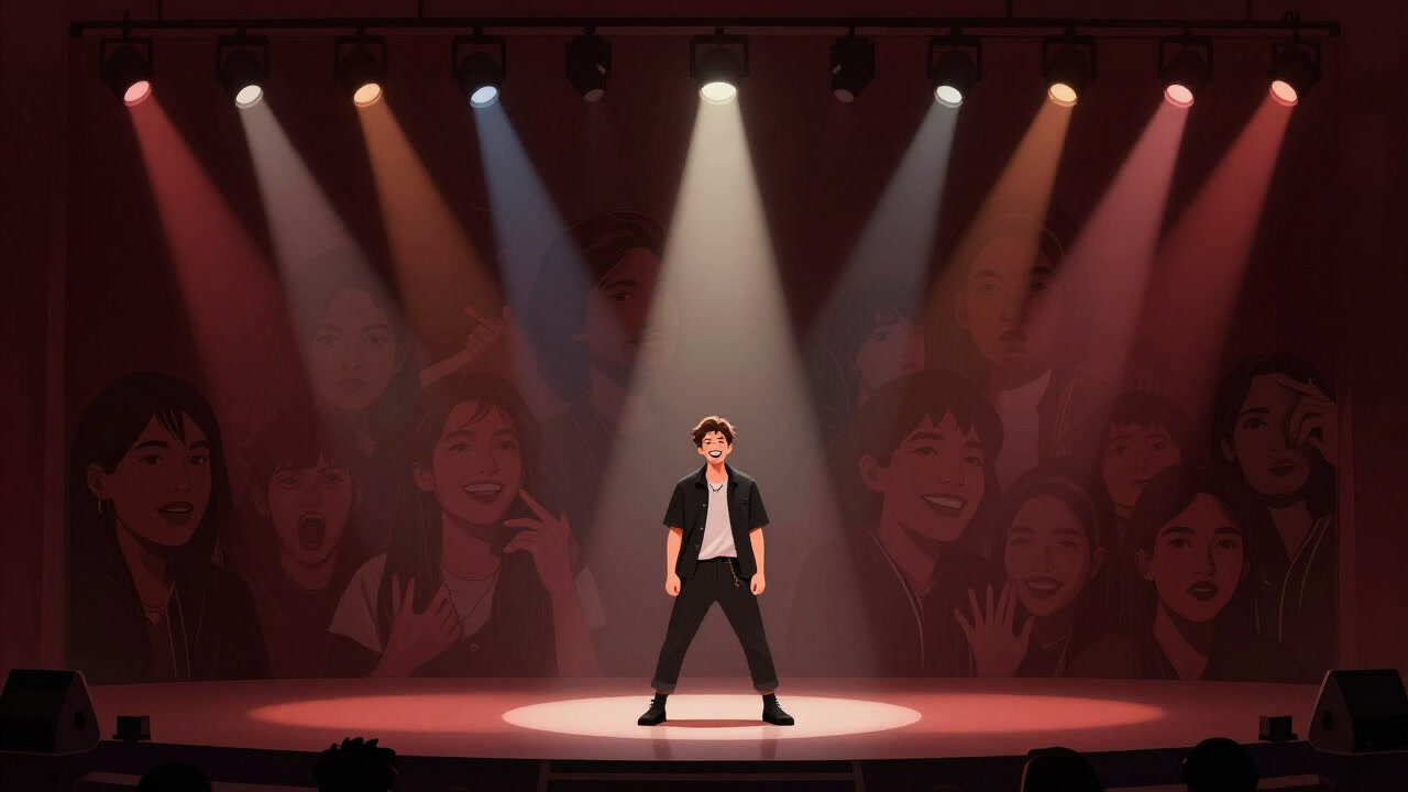 ステージ上のアイドルが無数のライトの前で笑顔を振りまく中、背後で微妙に歪むファンの顔が重なって見えるアートワーク