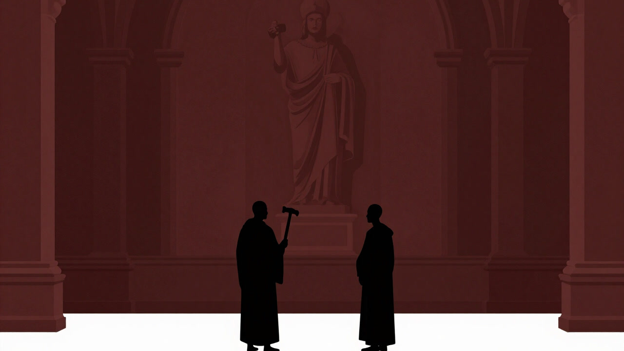 古い教会の壁に描かれた大きな像に向かい合い、片手に槌を持っている二人の修道士のシルエット