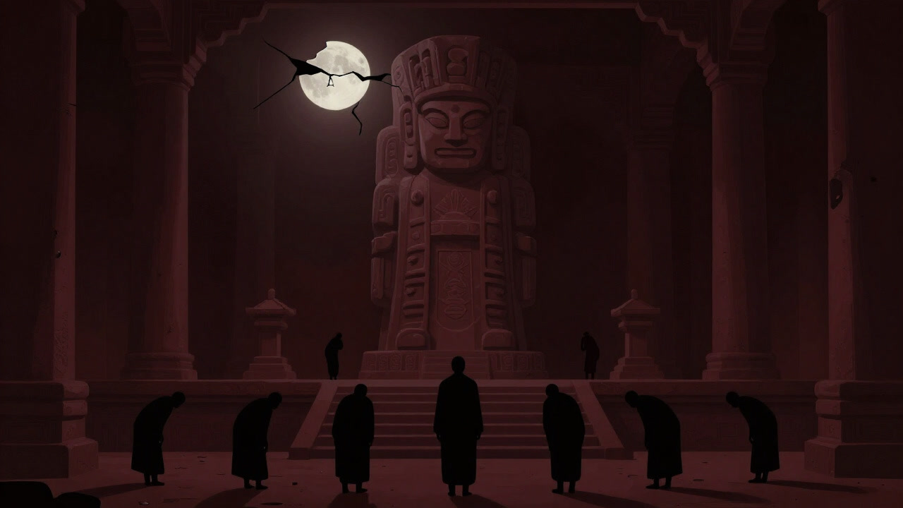 Silhouette of people worshipping a large stone idol in a dim shrine