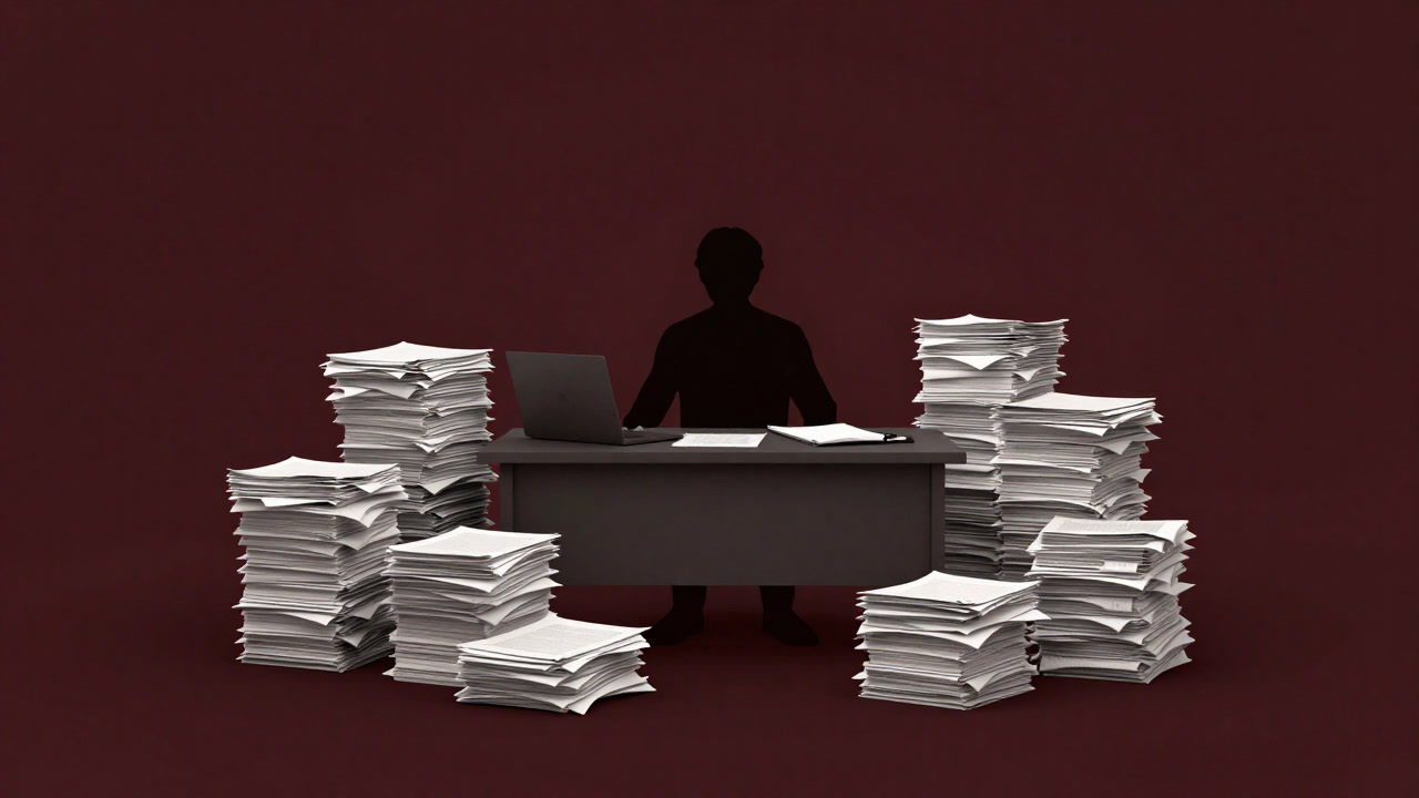 Silhouette of an engineer overwhelmed by piles of PDFs on a desk