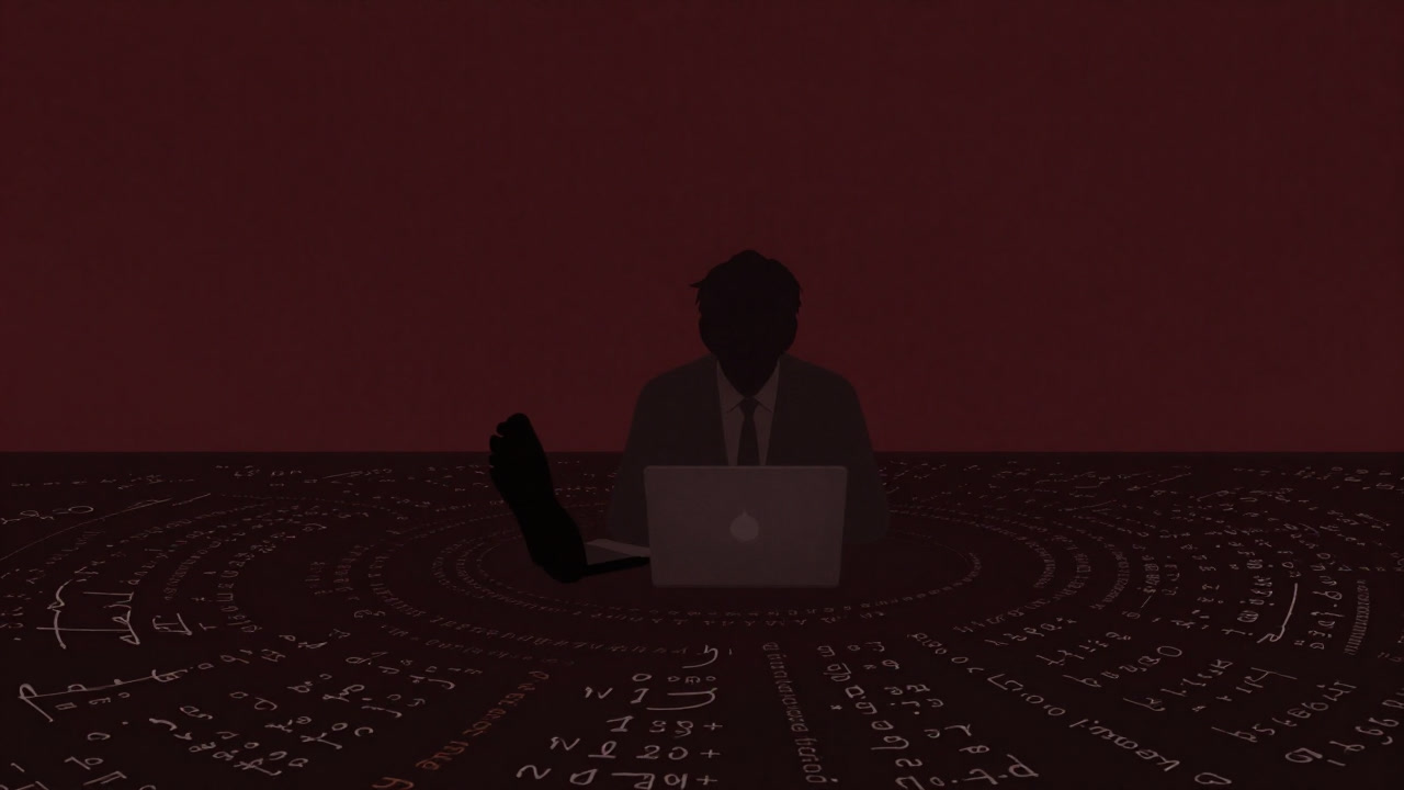 無数の脚注に囲まれ、混乱した表情で立ち尽くす会計士のシルエット