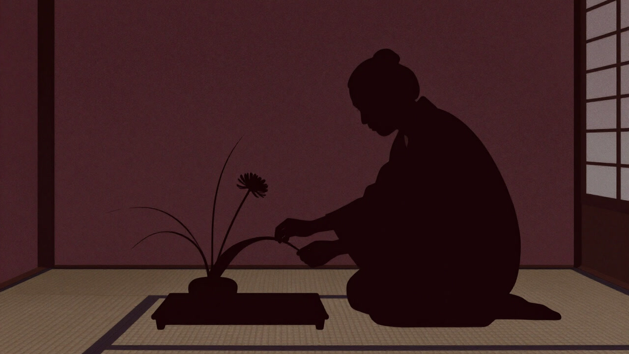 Silhouette of an ikebana artist staring intently at a single flower placed on tatami mats with an expressionless face.