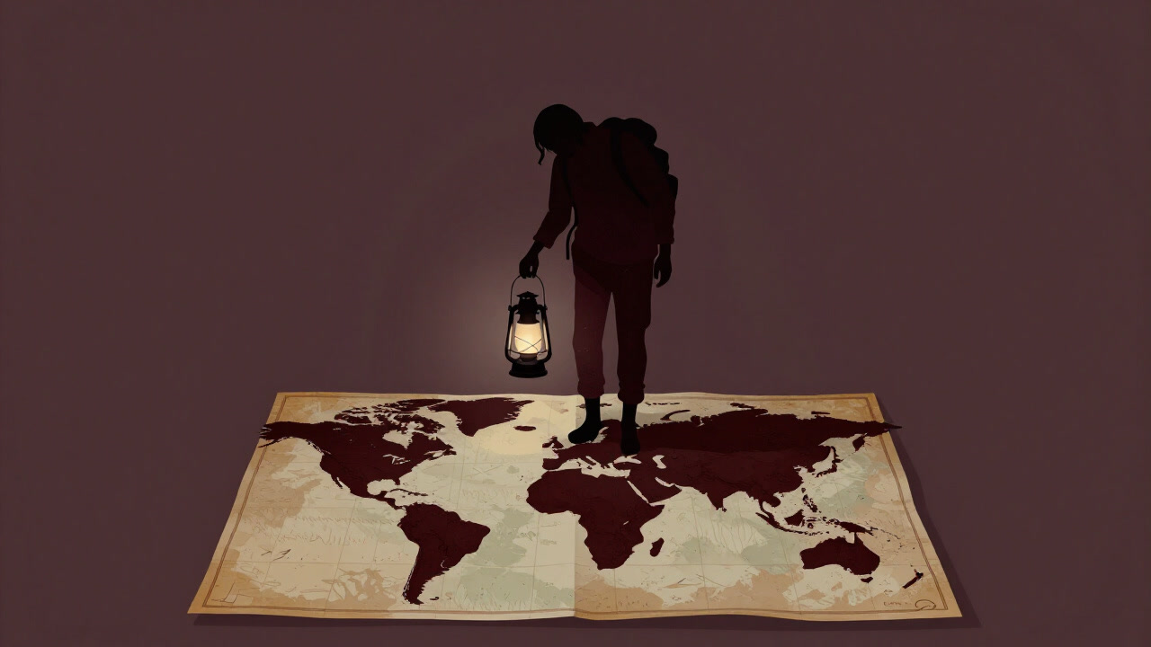 Silhouette of a person lighting a small lantern on a faded map of life