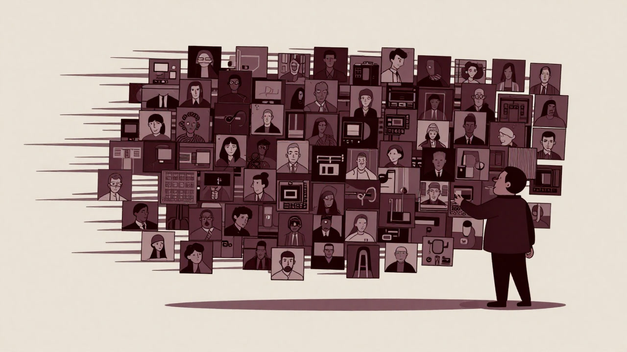 Illustration of an AI with a serious expression trying to classify various image samples.