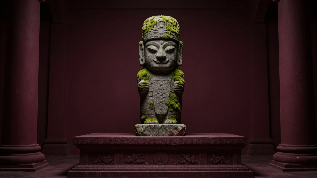 Photograph capturing an aged idol covered halfway in moss atop an altar