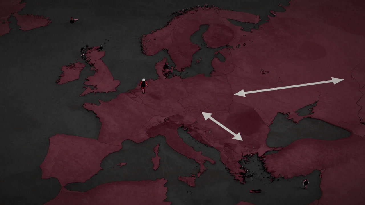 地図上で小さな人影が国境を矢印に導かれているイラスト