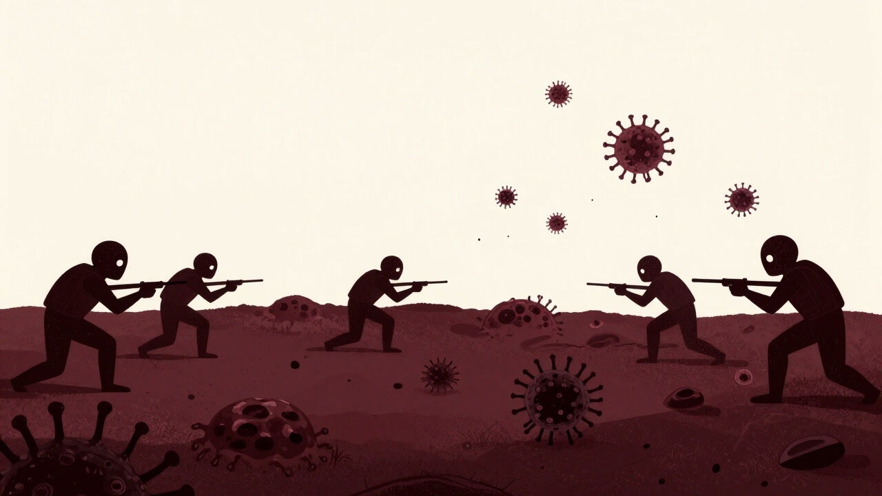 Illustration of cellular soldiers patrolling inside the body, bursting from darkness and aiming weapons at intruders.