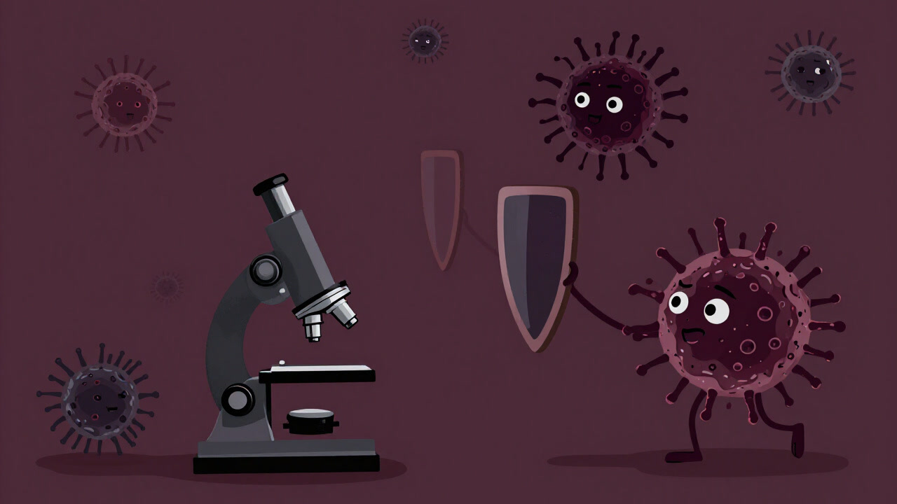 顕微鏡越しに威嚇する病原体に向かって盾を構えた免疫細胞のイラスト