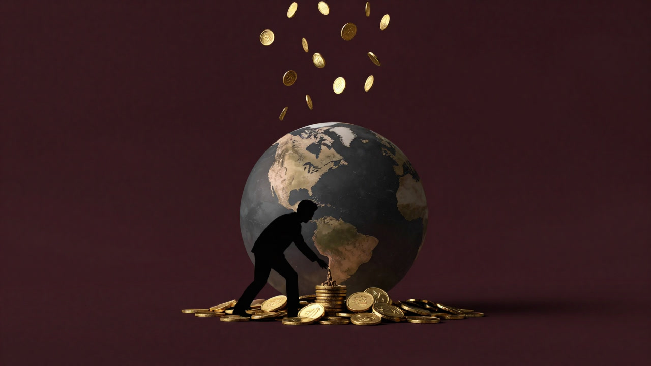 Silhouette of an investor sowing seeds onto a pile of coins in front of a planet with golden rain