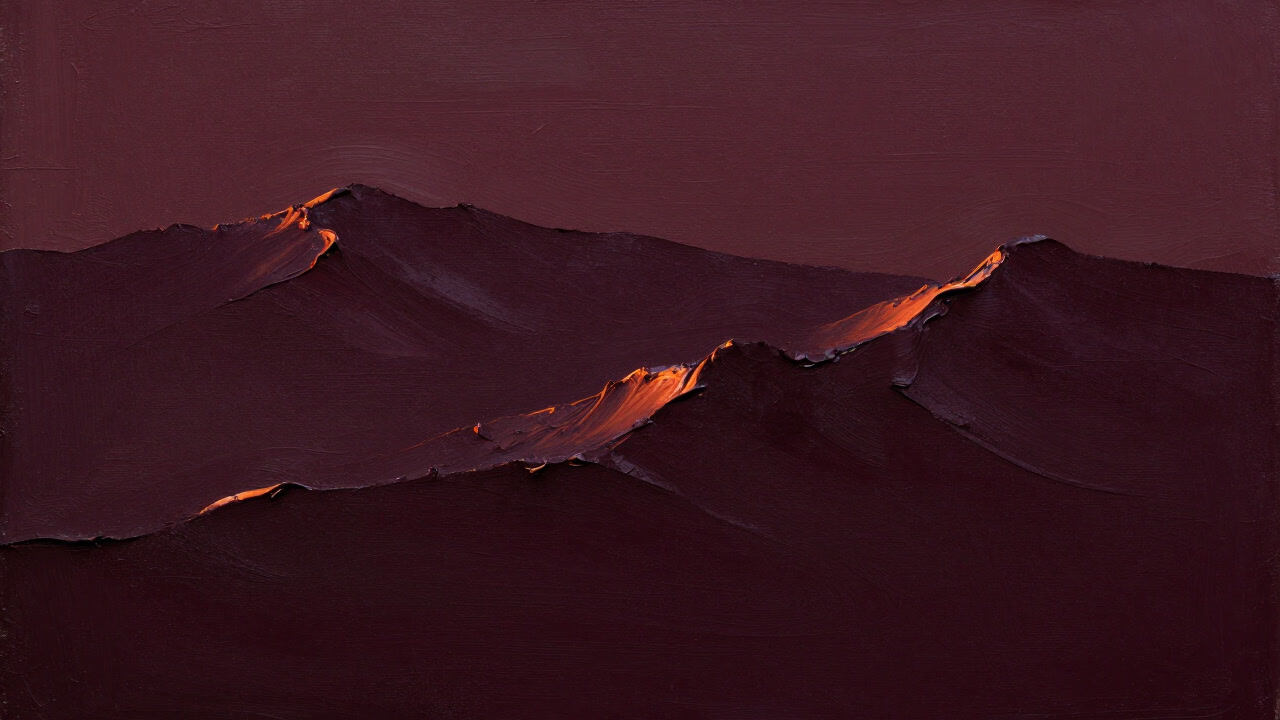Mounds of thick paint on canvas glowing under a sunset light