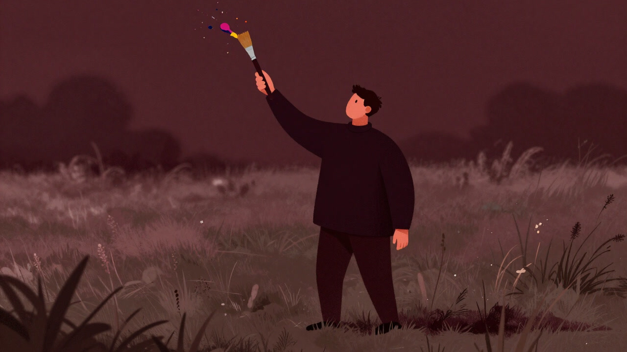 An artist standing outdoors waving a brush wildly, contently overlooking a blurred background and subject