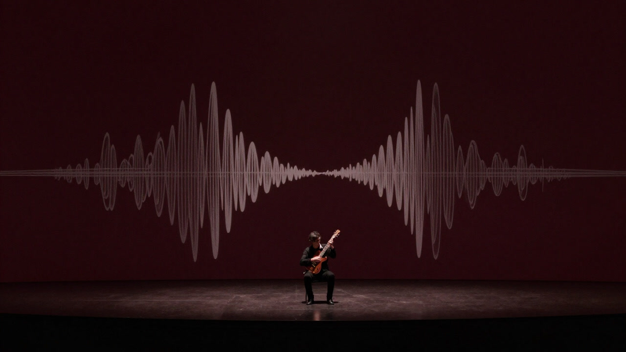 Silhouette of a performer holding an instrument, weaving sounds in improvisation on a dark stage