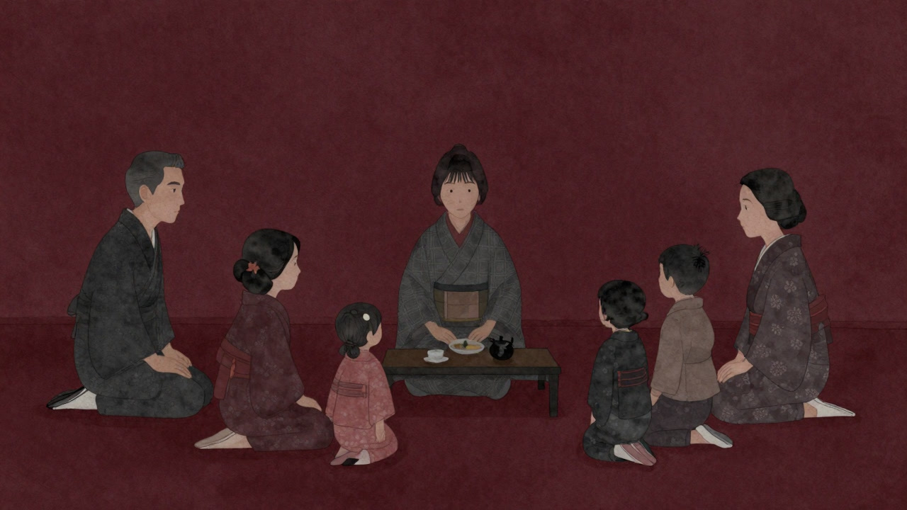 正月の集まりで気まずい視線を交わす親族の集団