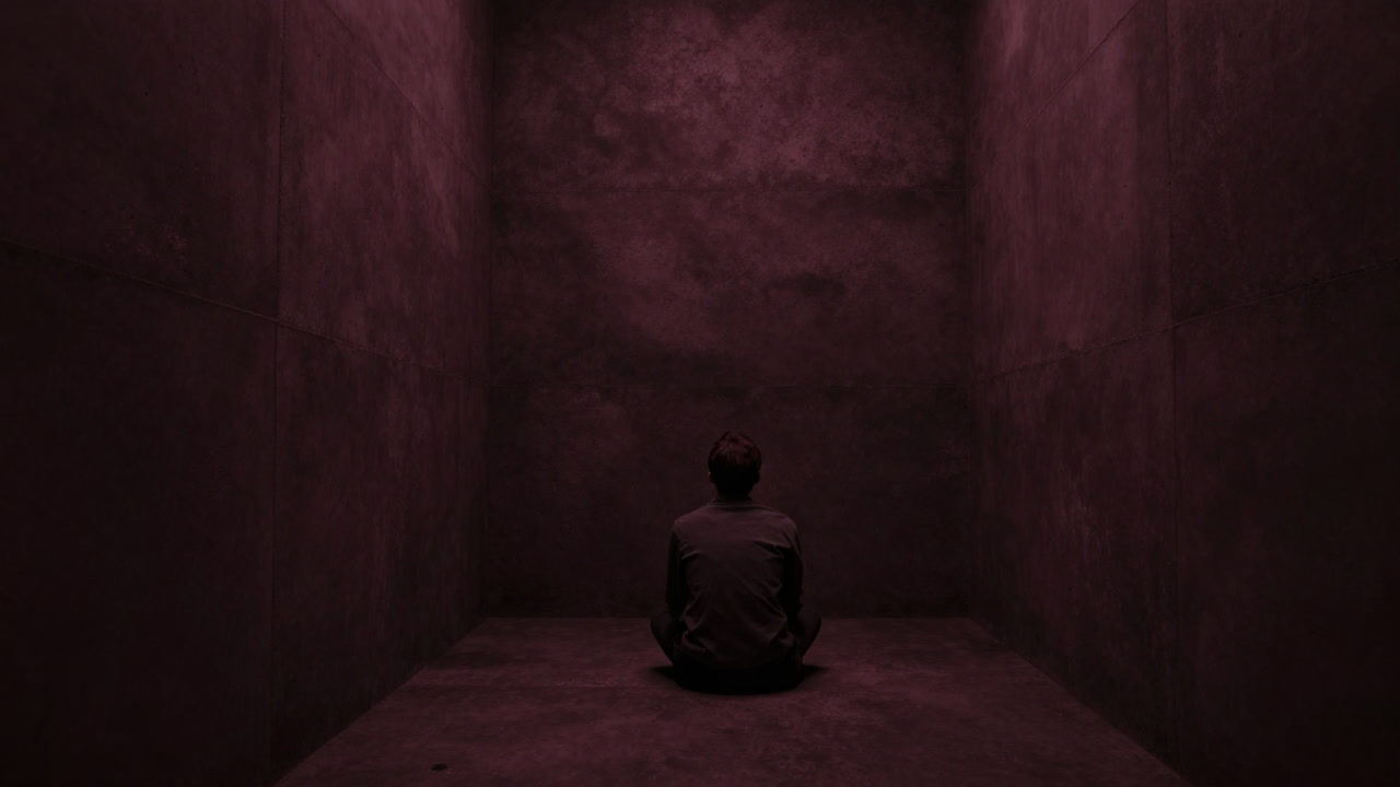 暗く狭い独房でコンクリートの壁を見つめる囚人のシルエット