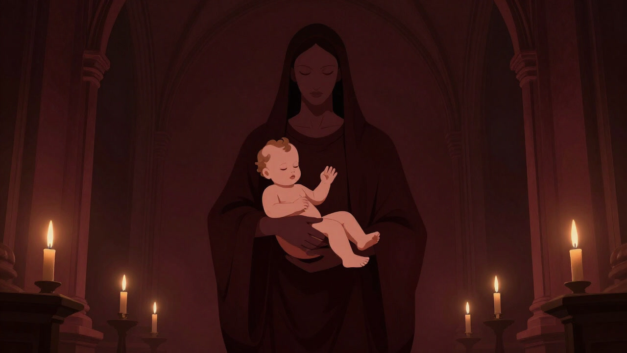 Silhouette of an infant enveloped by a gigantic figure in a dimly lit chapel