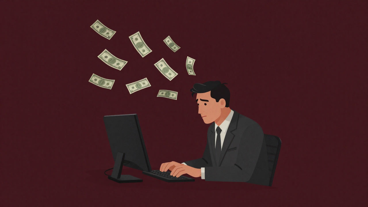 Illustration of an engineer being lured by cash to type on a keyboard