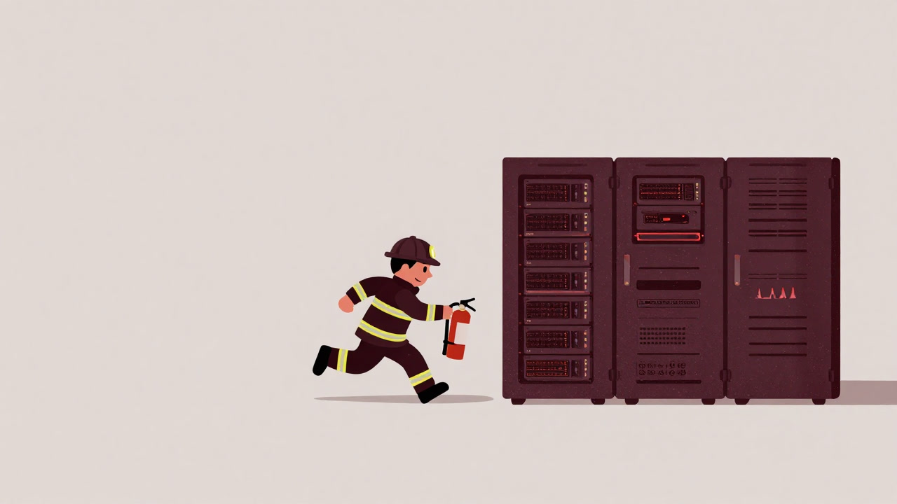 An engineer dressed as a tiny firefighter bravely racing through a blazing data center with an extinguisher