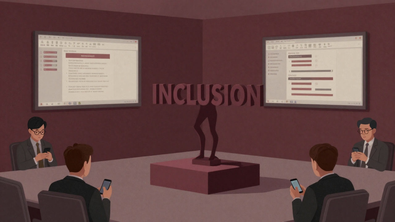 会議室の片隅でスライドを背景にして、スマホを見つめる虚ろな目の社員たちと、中央に鎮座した「INCLUSION」文字のオブジェ。