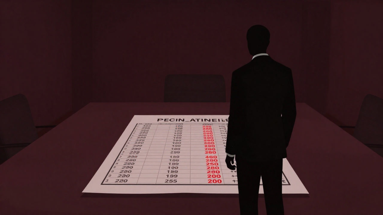 Silhouette of a manager standing frozen before an income statement stained with red ink in a dark conference room