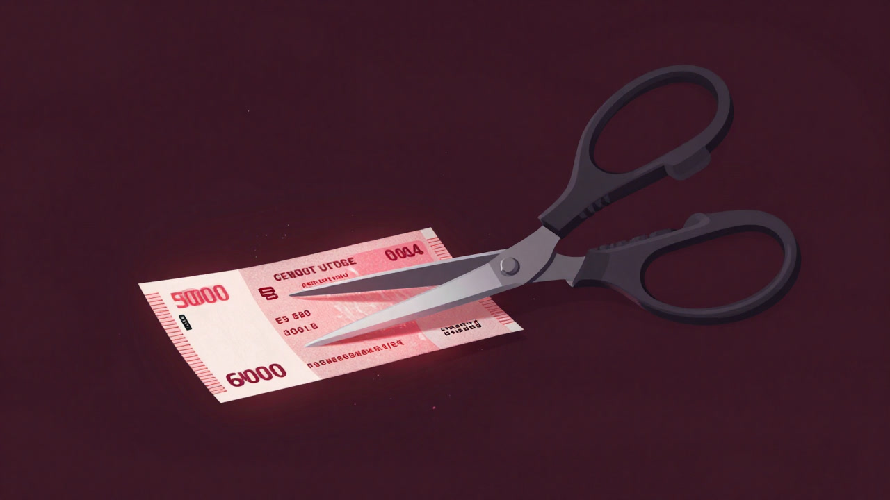 Illustration of screaming letters spelling ‘tax’ floating over a pay stub’s red deficits background