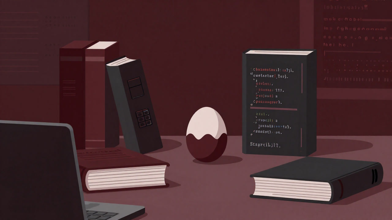 An image of a small egg surrounded by coding and business books in a corner of a coworking space.