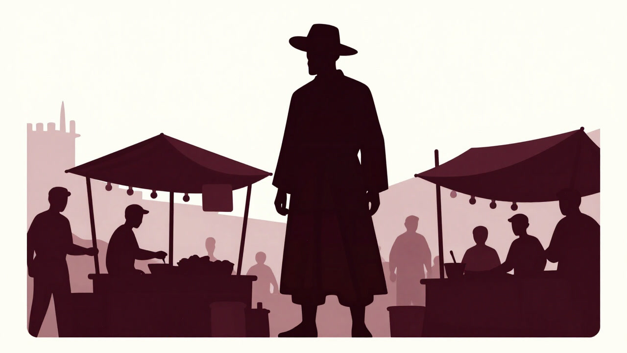 地域の祭りの屋台に紛れ込む宣教師の影絵