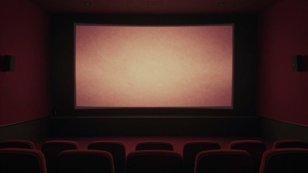 A small dimly lit theater screen flickering with rust-colored images of an independent film scene.
