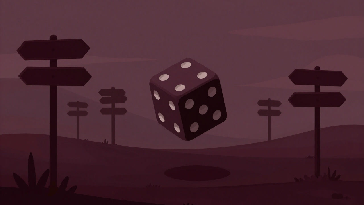 Illustration of a die floating among countless forks of paths
