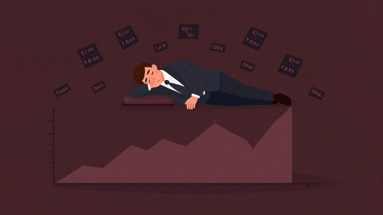 大量の銘柄に囲まれた投資家が、無関心な表情で寝そべりながら市場の波を眺めるイラスト