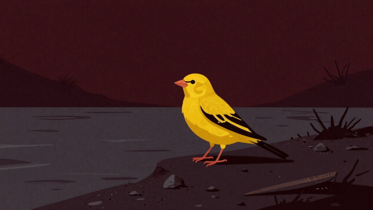 汚染された川辺で警告サインのように佇む黄色いカナリアのイラスト