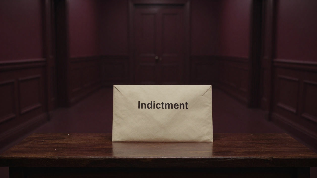 暗い裁判所の廊下に置かれたひときわ厚い封筒の起訴状の写真