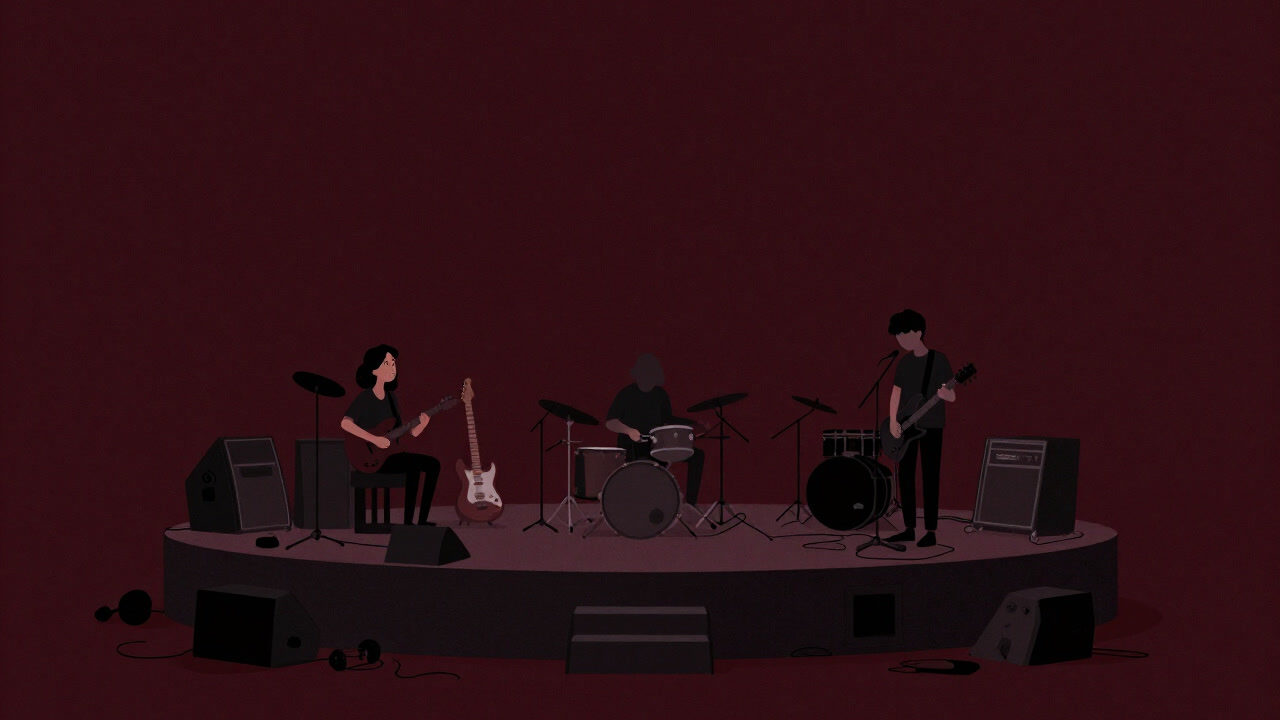 暗い地下ライブ空間で雑然とした機材に囲まれたバンドが演奏する様子