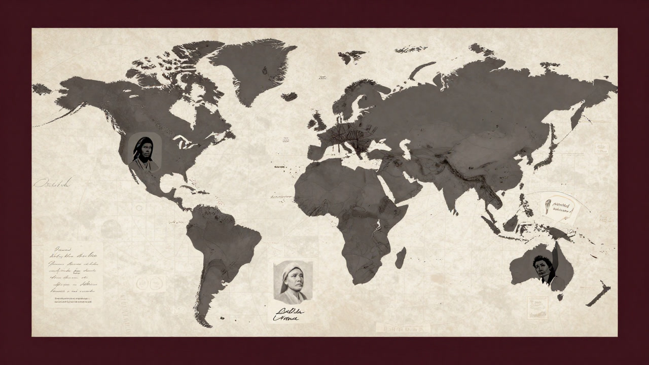 古びた地図の上にフェイクな署名が散りばめられたイラスト