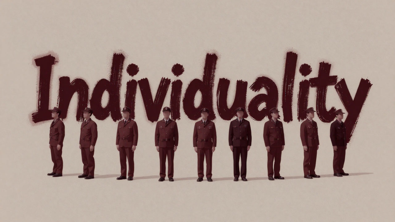 色とりどりのチョークで描かれた『個性』という文字の前に並ぶ、同じ制服姿の人々。